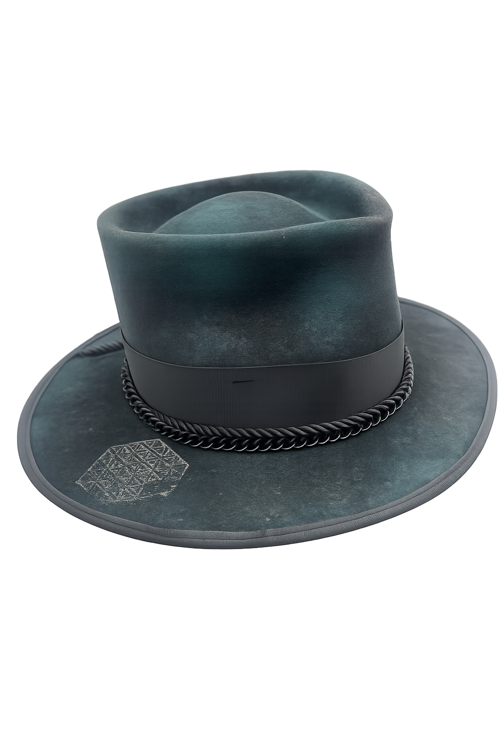 Dark green felt hat with a wide brim and decorative band on a white background