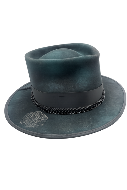 Dark green felt hat with a wide brim and decorative band on a white background