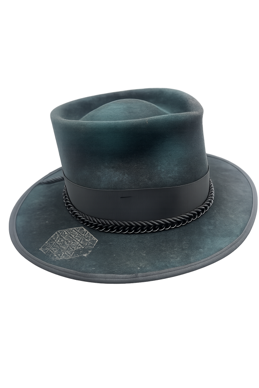 Dark green felt hat with a wide brim and decorative band on a white background