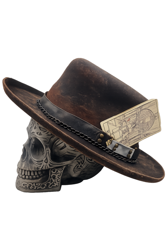 Distressed Black Hat with Tarot card 