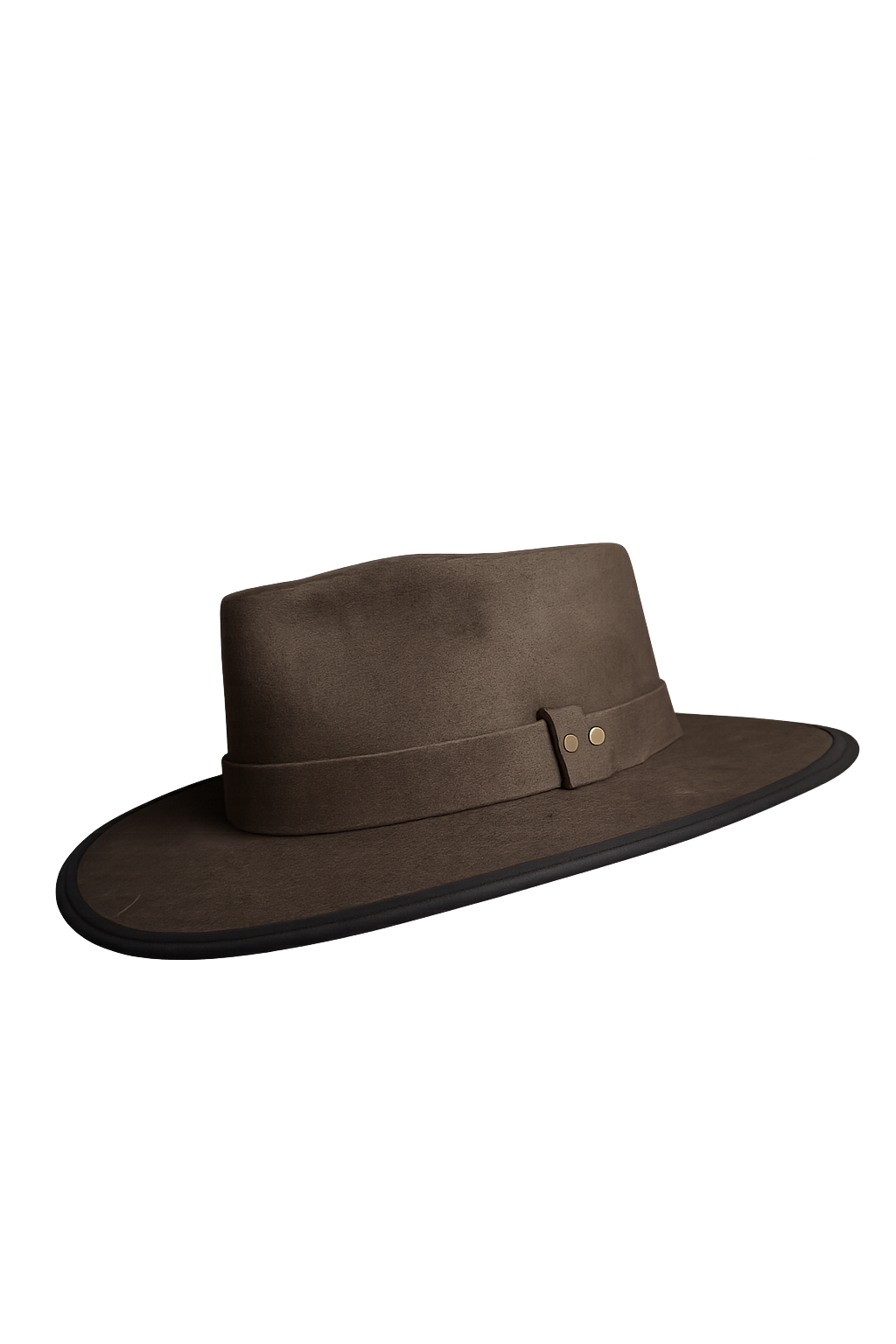 Brown fedora hat with a wide brim on a white background