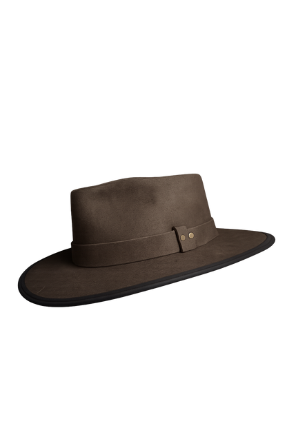 Brown fedora hat with a wide brim on a white background