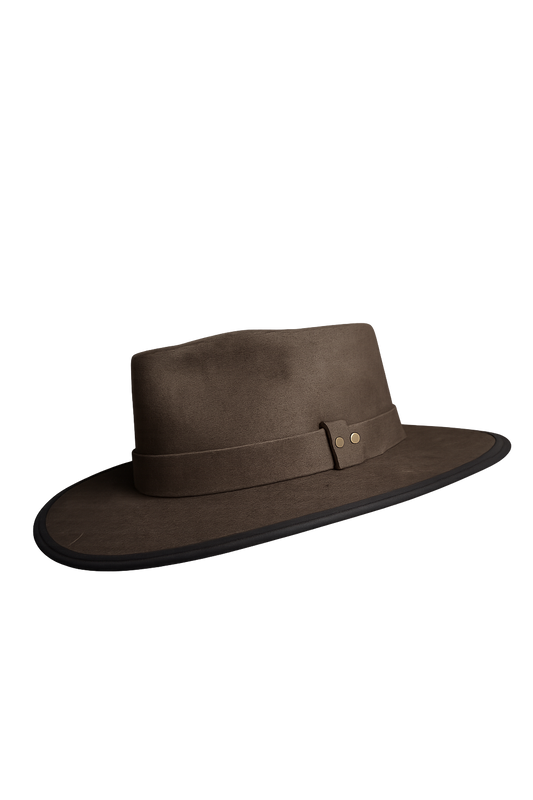 Brown fedora hat with a wide brim on a white background