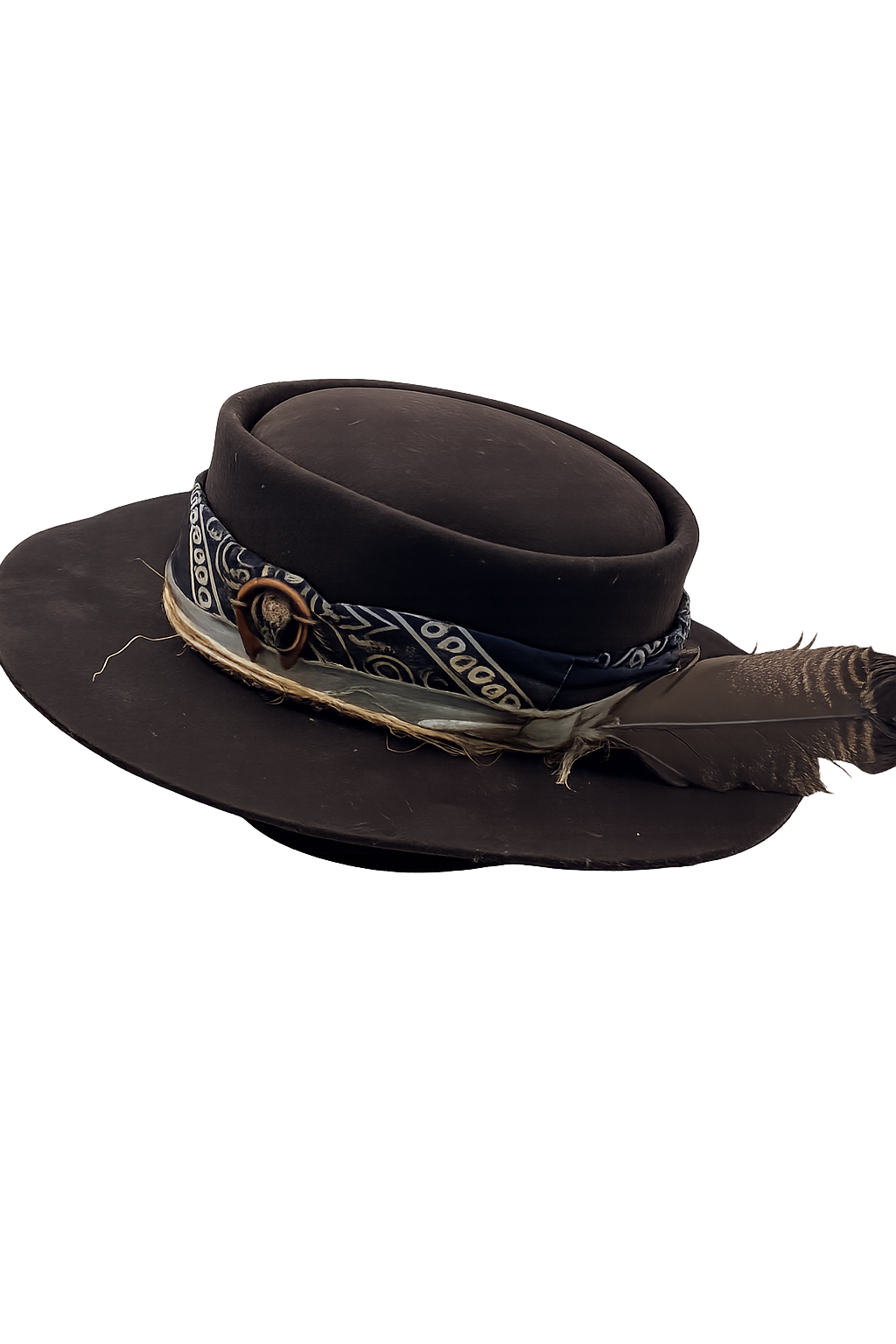 Black cowboy hat with bandana and feather on a white background