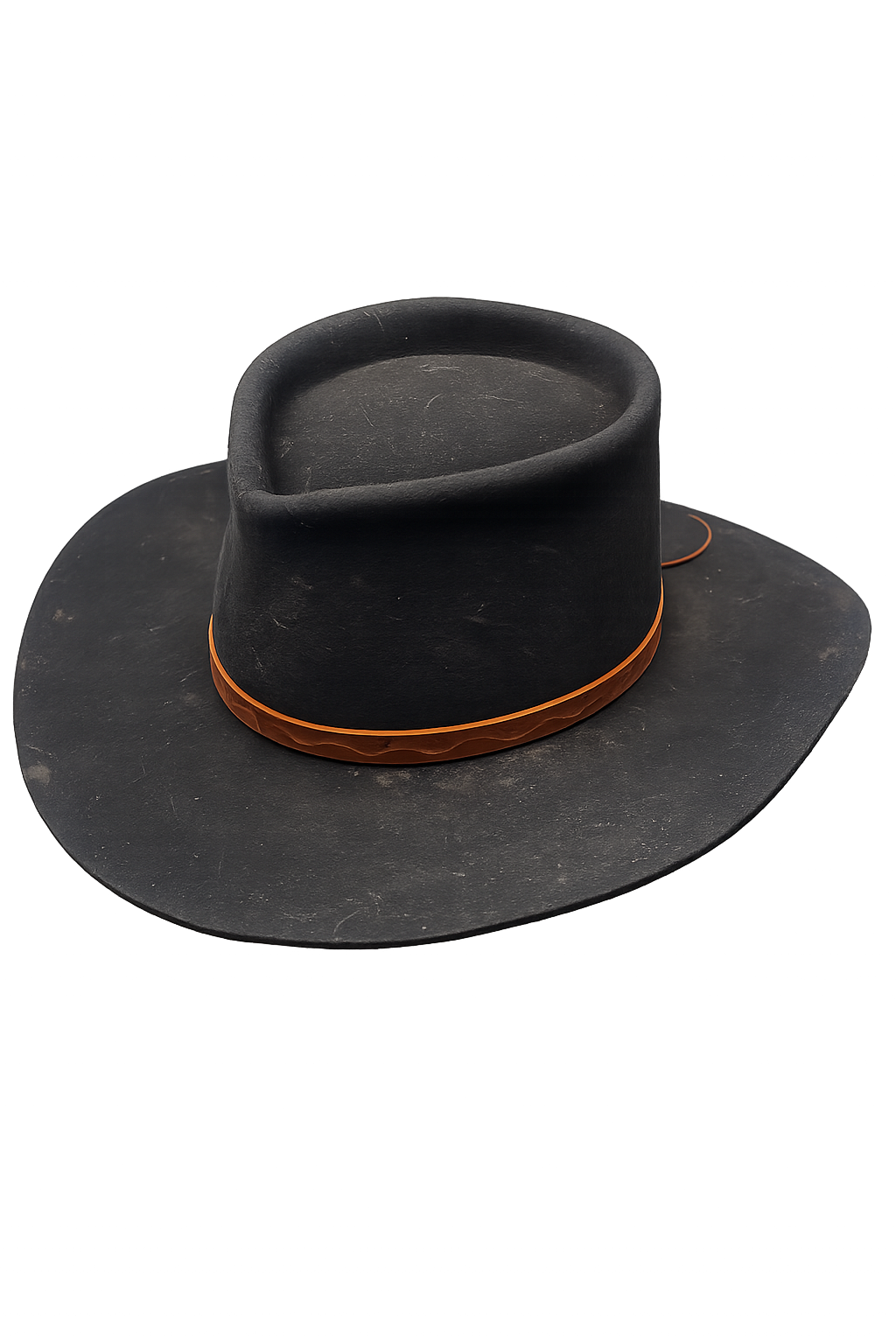 Black fedora hat with brown band on a white background