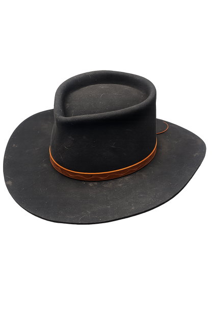 Black fedora hat with brown band on a white background