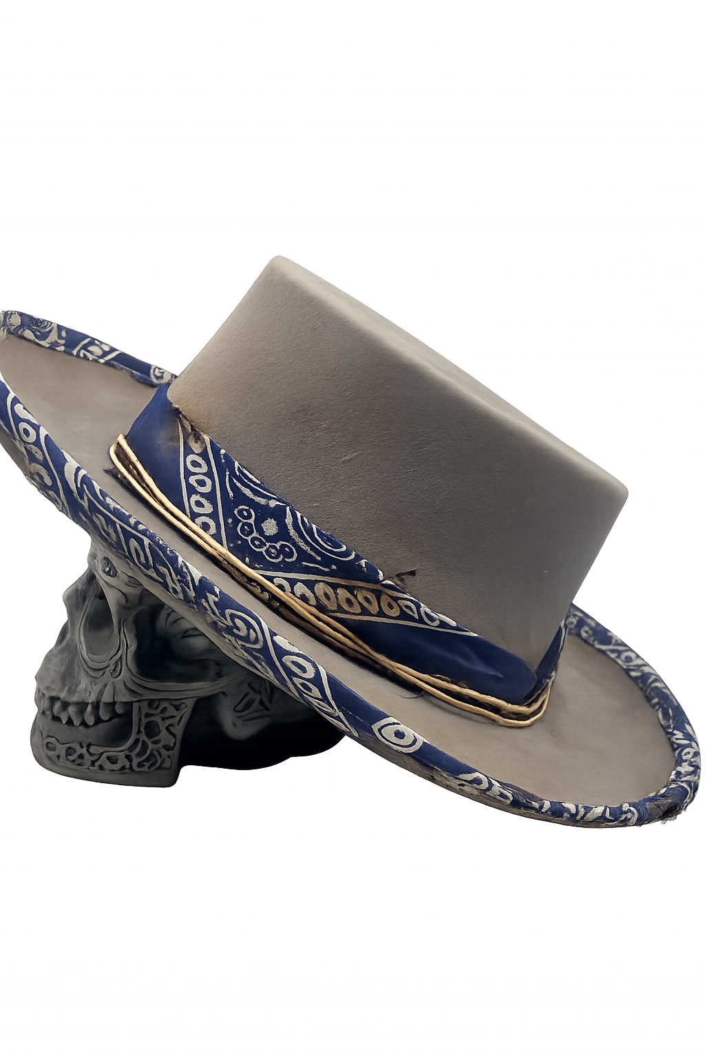 Gray cowboy hat with blue bandana around the brim on a white background