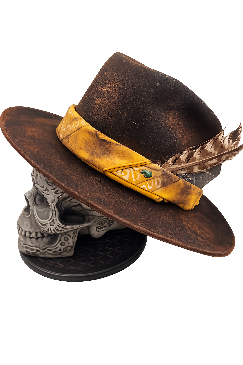 Brown hat with yellow band and feather on a skull-shaped stand against a white background