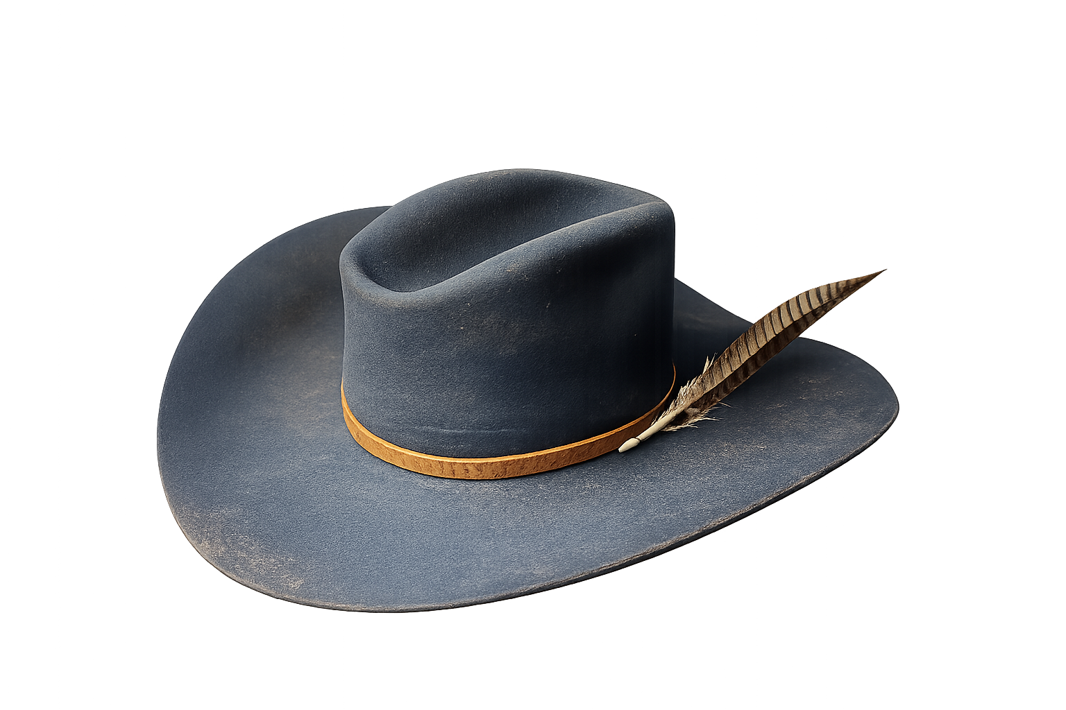 Grey cowboy hat with a brown band and feather on a white background