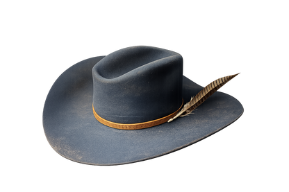 Grey cowboy hat with a brown band and feather on a white background