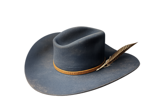 Grey cowboy hat with a brown band and feather on a white background